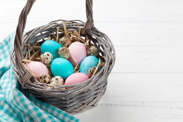 Easter Greeting Card Colorful Eggs Basket White Wooden Table Space — Stock Photo, Image