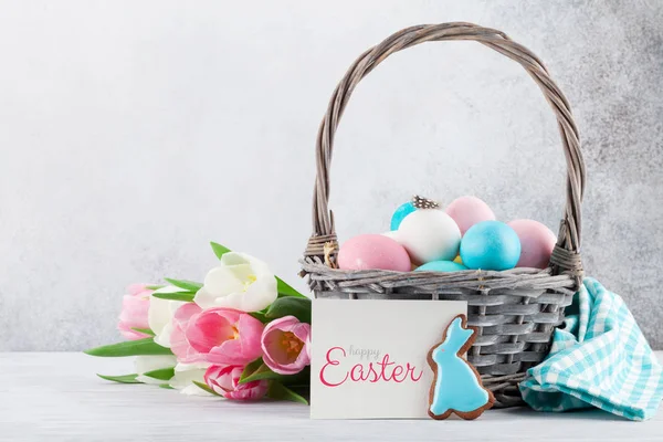 Easter Greeting Card Tulip Flowers Gingerbread Cookies Easter Eggs Front — Stock Photo, Image