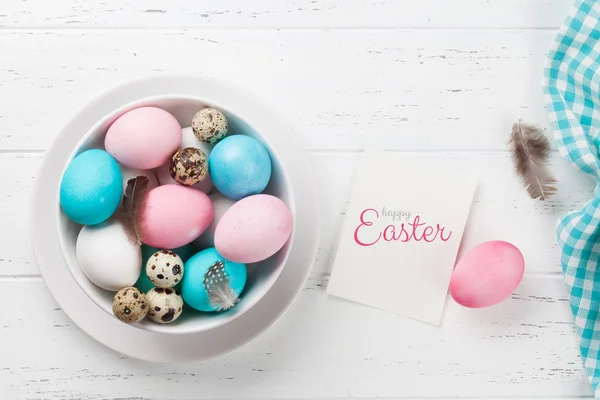 Easter Greeting Card Colorful Eggs Bowl White Wooden Table Top — Stock Photo, Image