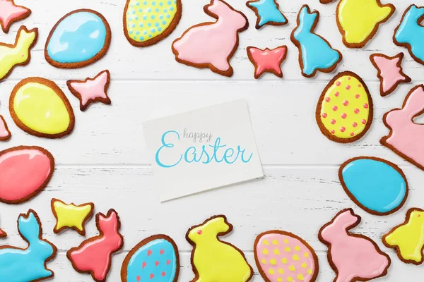 Easter Gingerbread Cookies Wooden Table Rabbits Eggs Greeting Card Top — Stock Photo, Image