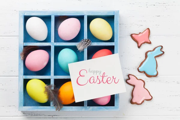 Easter Eggs Gingerbread Cookies Wooden Table Rabbits Eggs Greeting Card — Stock Photo, Image