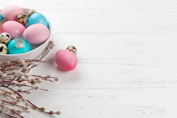 Easter Greeting Card Colorful Eggs Bowl White Wooden Table Space — Stock Photo, Image