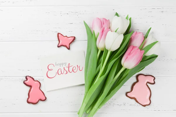 Easter Greeting Card Tulip Flowers Gingerbread Cookies Top View Wooden — Stock Photo, Image