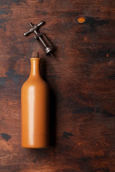 Vintage Wine Bottle Old Corkscrew Wooden Table Top View Space — Stock Photo, Image