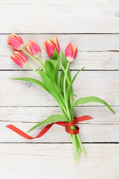 Tulipes Rouges Sur Table Bois Vue Dessus Avec Espace Pour — Photo