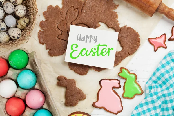 Easter Greeting Card Cooking Gingerbread Cookies Colorful Eggs — Stock Photo, Image