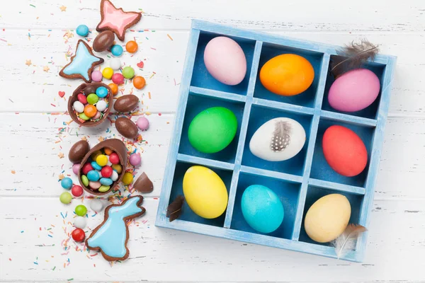 Ευχετήρια Κάρτα Πάσχα Πολύχρωμα Μελόψωμο Cookies Και Σοκολατένια Αβγά Καραμέλες — Φωτογραφία Αρχείου