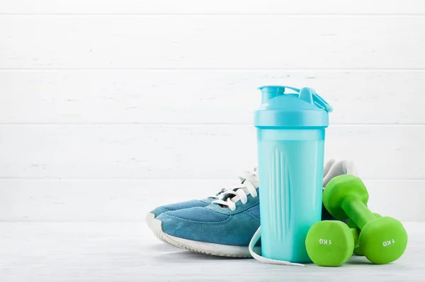 Sneakers Dumbbells Drink Bottle Wooden Table Fitness Healthy Food Concept — Stock Photo, Image