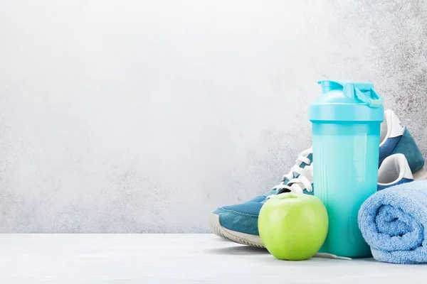 Sneakers Towel Apple Drink Bottle Wooden Table Fitness Healthy Food — Stock Photo, Image