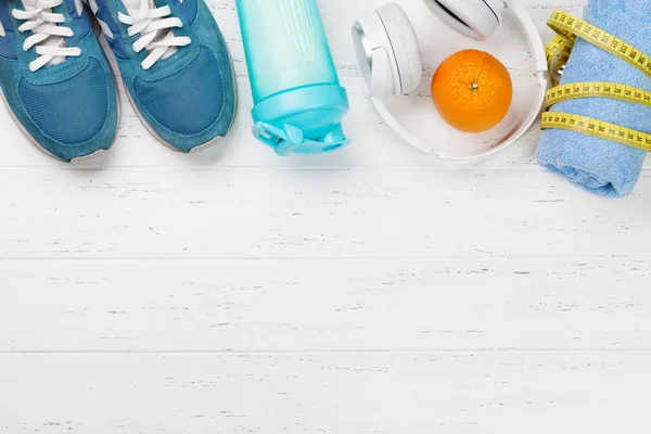 Sneakers Drink Bottle Headphones Fruit Wooden Table Top View Fitness — Stock Photo, Image