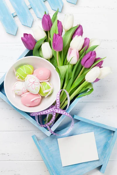 Easter Greeting Card Tulip Flowers Bouquet Easter Eggs — Stock Photo, Image