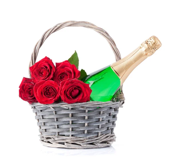 Champagne Rose Flowers Basket Isolated White Background Stock Image