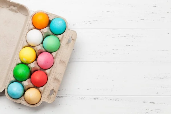 Easter Greeting Card Colorful Eggs Paper Case Wooden Background — Stock Photo, Image