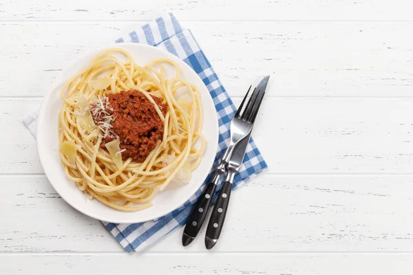 Spaghetti Bolognese Con Sugo Pomodoro Carne Macinata Parmigiano — Foto Stock