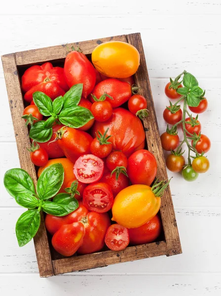 Verse Tuin Tomaten Basilicum Houten Doos Koken Tabel — Stockfoto