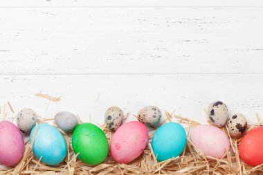 Ahşap arka plan üzerinde kuru saman ile renkli yumurtalı Paskalya tebrik kartı