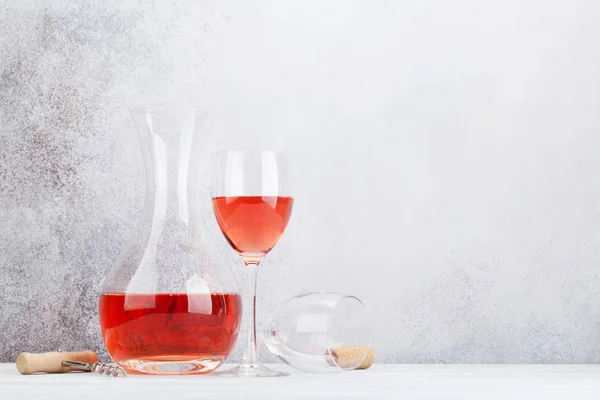 Rose Wine Glass Decanter Stone Background — Stock Photo, Image