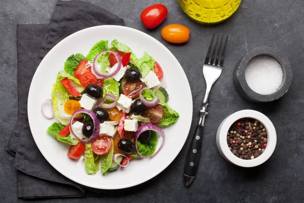 Greek Salad Cucumbers Tomatoes Pepper Lettuce Onion Feta Cheese Olives — Stock Photo, Image
