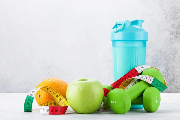 Dumbbells Fruits Drink Bottle Wooden Table — Stock Photo, Image