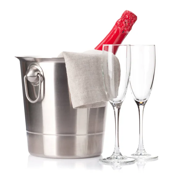 Champagne Bottle Ice Bucket Flute Glasses White Background — Stock Photo, Image