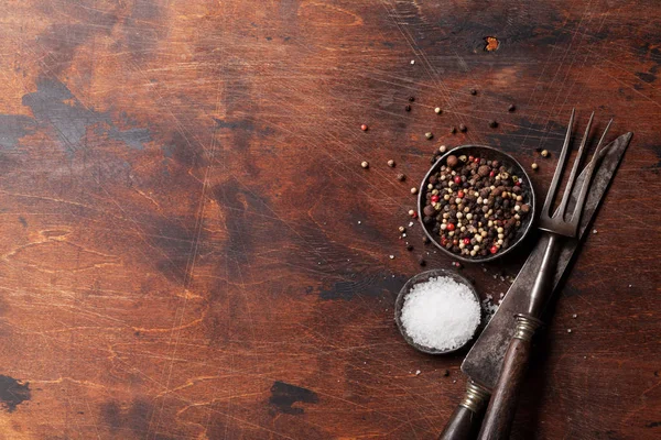 Especiarias Para Carne Utensílios Cozinha Vintage Mesa Cozinha Madeira — Fotografia de Stock