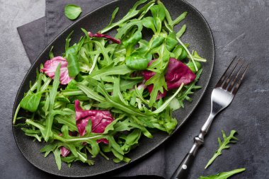 Rucola, Frisee, Radicchio ve kuzu marul ile yeşil salata karışımı plaka