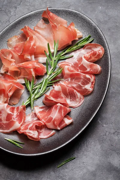 Traditional Spanish Jamon Prosciutto Crudo Italian Parma Ham Served Rosemary — Stock Photo, Image