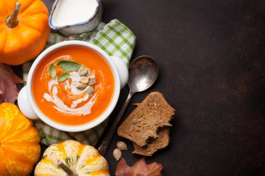 Koyu arka planda tohum ve ekmek ile taze kabak krem çorbası