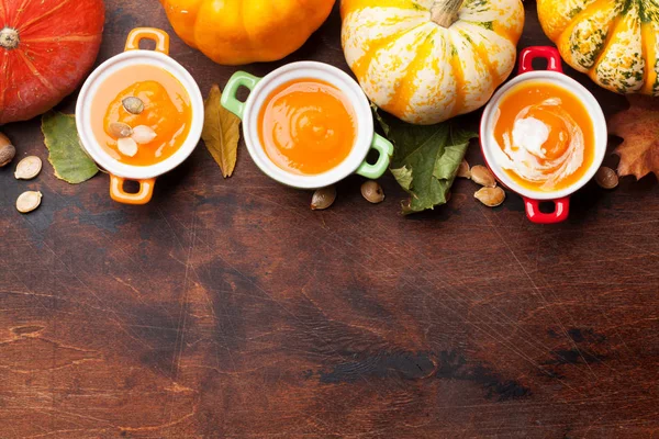 Autumn Vegetarian Pumpkin Cream Soup Wooden Background — Stock Photo, Image
