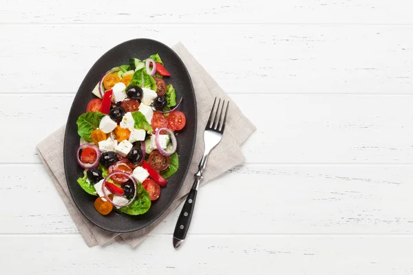 Greek Salad Cucumbers Tomatoes Peppers Lettuce Onion Feta Cheese Olives — Stock Photo, Image