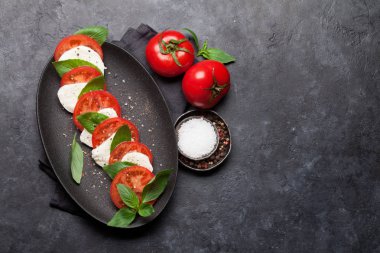 Olgun domates, taze bahçe fesleğeni ve gri taş arka planda mozzarella peyniri ile taze Caprese salatası 