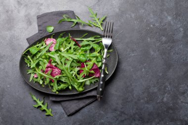 Stone arka planda rucola, Frisee, Radicchio ve kuzu marul ile yeşil salata karışımı plaka 