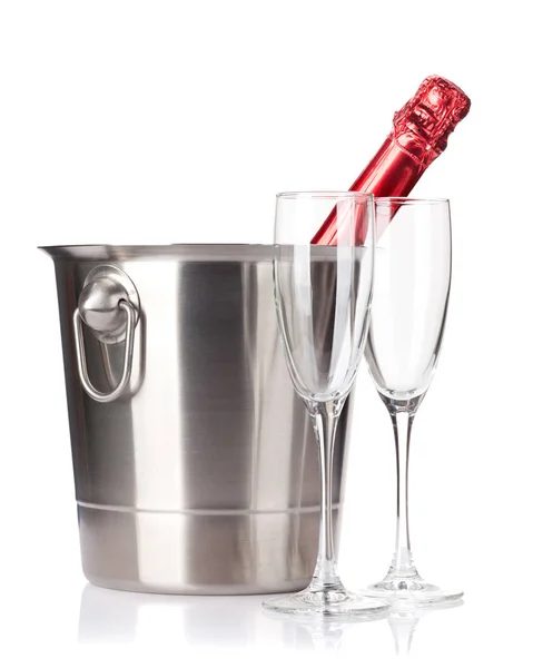 Champagne bottle in ice bucket — Stock Photo, Image