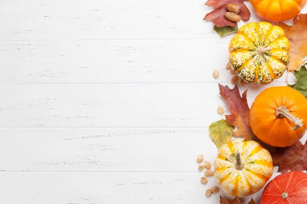 Herfst achtergrond met pompoenen en kleurrijke bladeren — Stockfoto