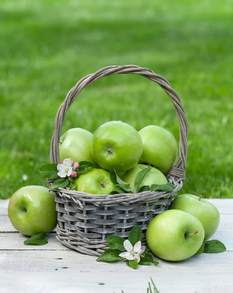 Manzanas frescas de jardín en cesta —  Fotos de Stock