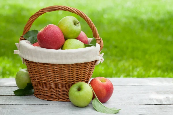 Fresh garden red and green apples in basket — Stock Photo, Image