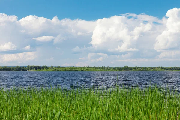 Paisagem de verão com lago e céu azul — Fotografia de Stock