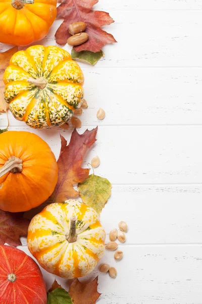 Autumn backdrop with pumpkins and colorful leaves — Stock Photo, Image