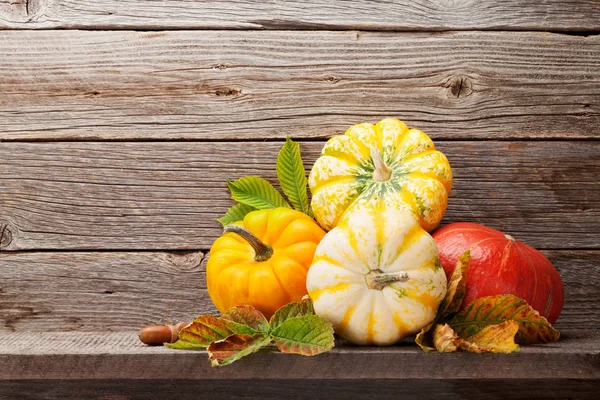 Natura morta autunnale con zucche e foglie — Foto Stock