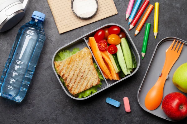 Boîte Lunch Scolaire Papeterie Éducative Sur Table Pierre Vue Dessus — Photo