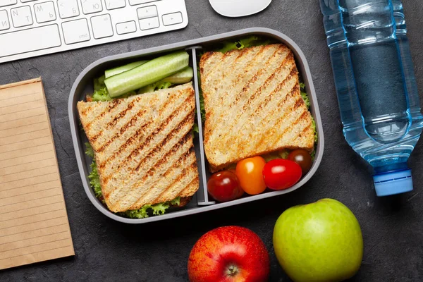 Healthy Lunch Box Sandwich Vegetables Office Table Top View Flat — Stock Photo, Image