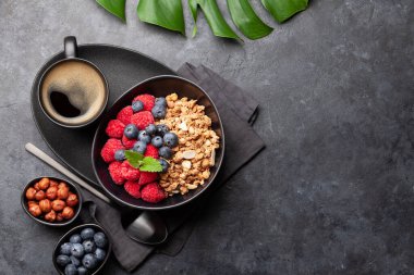 Ev yapımı tahıllı, fındıklı ve taştan arkaplanlı taze dutlu sağlıklı bir kahvaltı. Kopyalama alanı olan üst görünüm