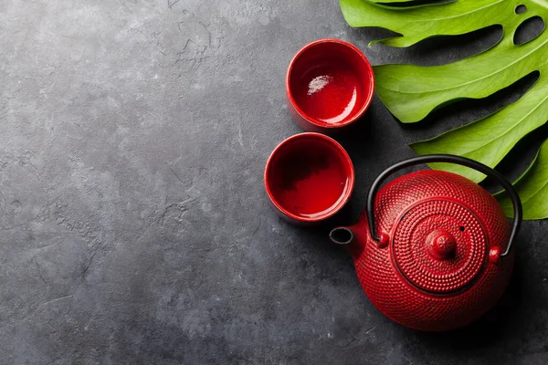 Thé Vert Japonais Tasses Théière Sur Table Pierre Vue Supérieure — Photo