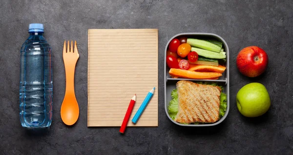 School Lunch Box Education Stationery Stone Table Top View Copy — Stock Photo, Image