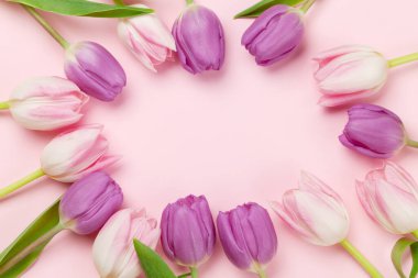 Pembe arka planda pembe lale çiçekleri. Kopya alanı olan tebrik kartı şablonu