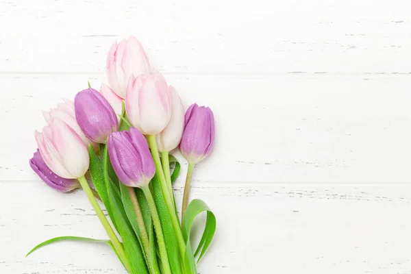 Tulipano Rosa Fiori Bouquet Sfondo Legno Modello Biglietto Auguri Con — Foto Stock