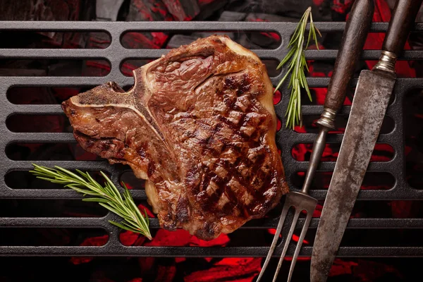 Bone Hovězí Steak Grilu Horní Pohled Rovný — Stock fotografie