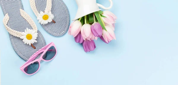 Beach Flip Flops Flowers Sunglasses Blue Background Summer Vacation Concept — Stock Photo, Image