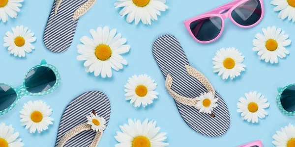 Camomile Flower Sunglasses Flip Flops Summer Seamless Texture Fabric Daisy — Stock Photo, Image