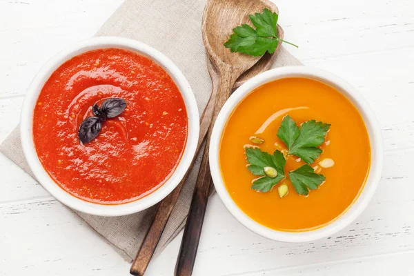 Tomato Pumpkin Vegetable Soup Wooden Table Top View Flat Lay — Stock Photo, Image